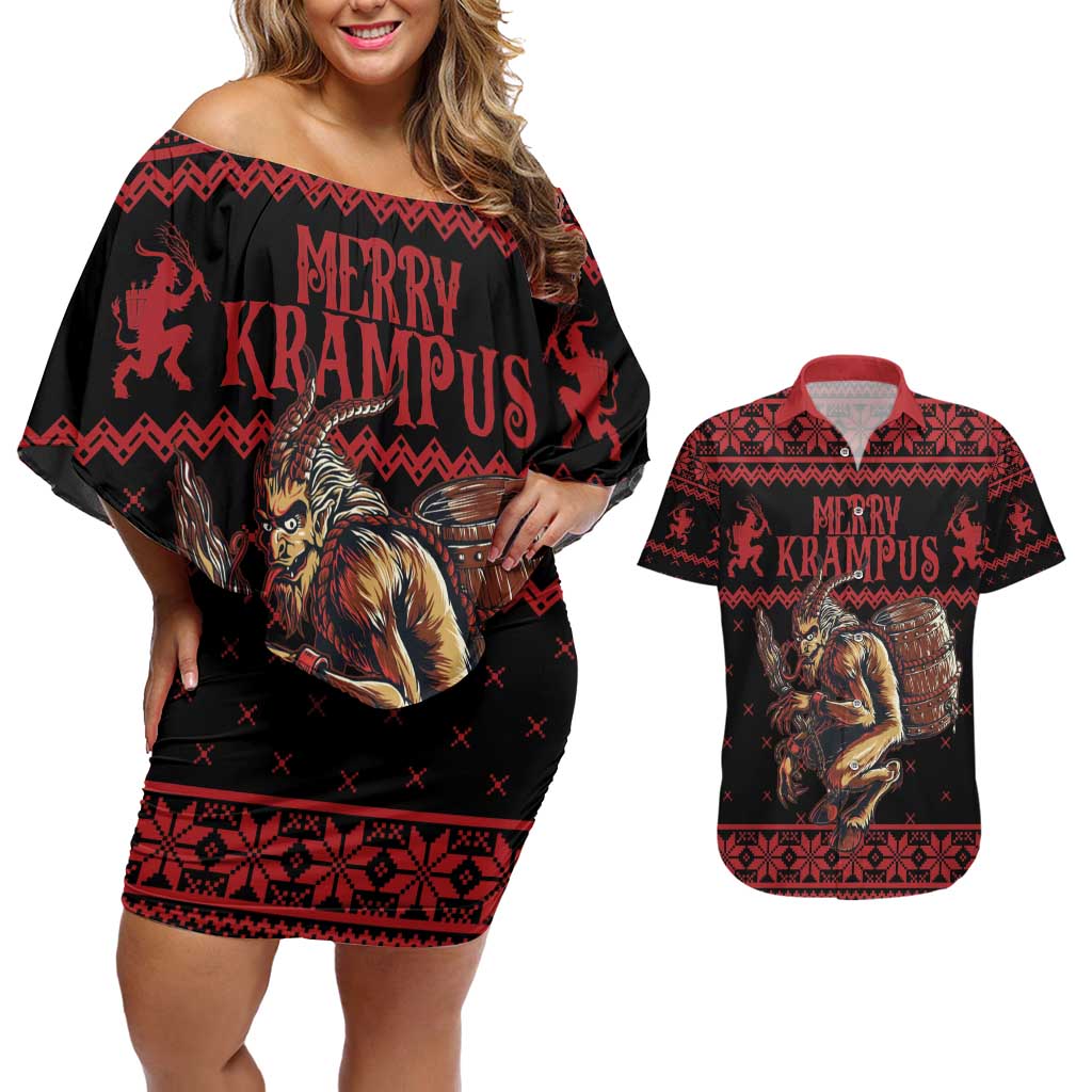 Merry Krampus Creepy Christmas Holiday Couples Matching Off Shoulder Short Dress and Hawaiian Shirt Red Version - Wonder Print Shop