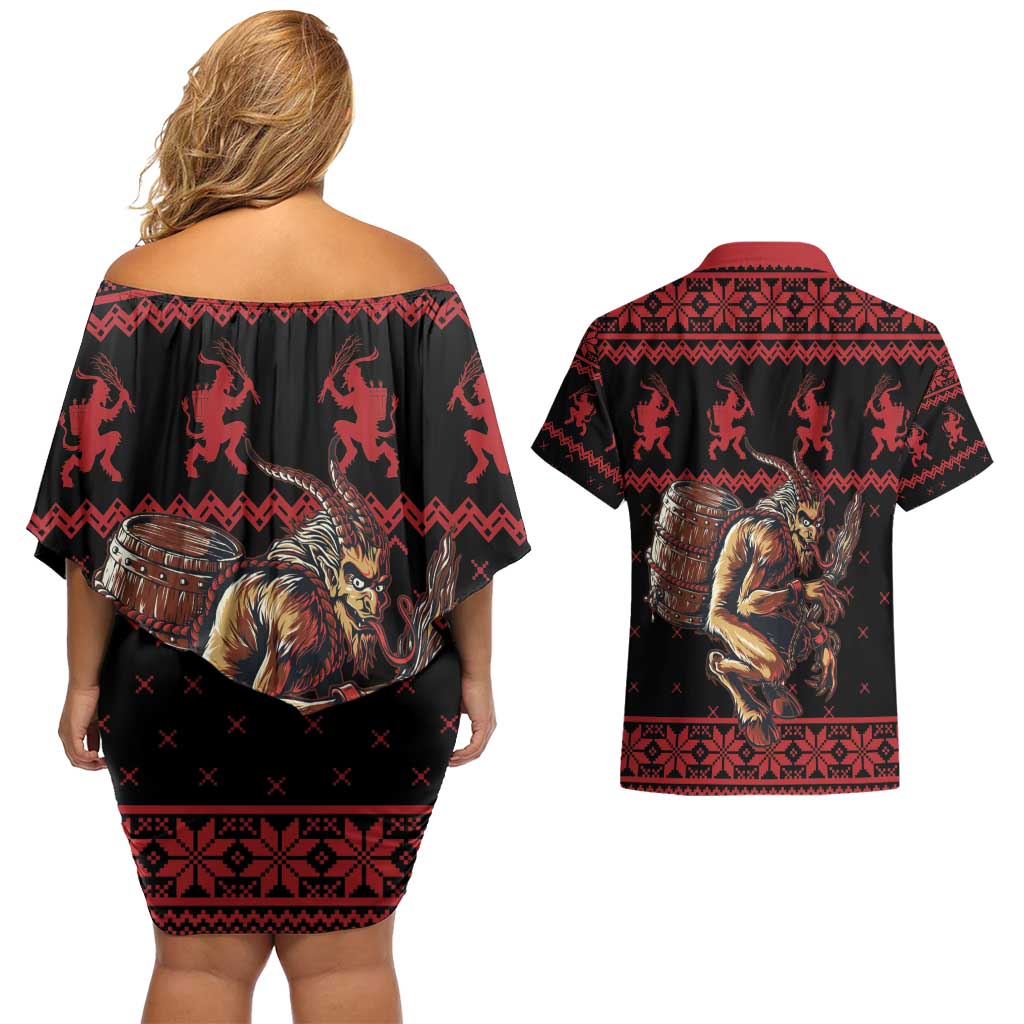 Merry Krampus Creepy Christmas Holiday Couples Matching Off Shoulder Short Dress and Hawaiian Shirt Red Version - Wonder Print Shop