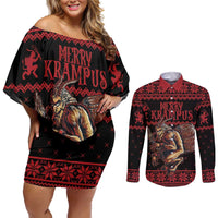 Merry Krampus Creepy Christmas Holiday Couples Matching Off Shoulder Short Dress and Long Sleeve Button Shirt Red Version - Wonder Print Shop