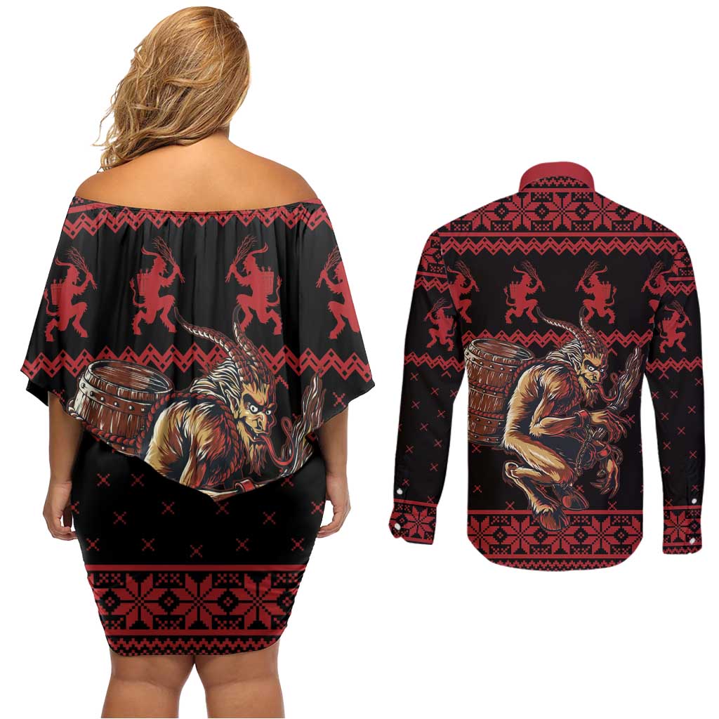 Merry Krampus Creepy Christmas Holiday Couples Matching Off Shoulder Short Dress and Long Sleeve Button Shirt Red Version - Wonder Print Shop