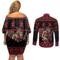 Merry Krampus Creepy Christmas Holiday Couples Matching Off Shoulder Short Dress and Long Sleeve Button Shirt Red Version - Wonder Print Shop