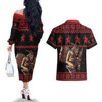 Merry Krampus Creepy Christmas Holiday Couples Matching Off The Shoulder Long Sleeve Dress and Hawaiian Shirt Red Version - Wonder Print Shop