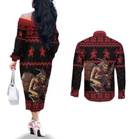 Merry Krampus Creepy Christmas Holiday Couples Matching Off The Shoulder Long Sleeve Dress and Long Sleeve Button Shirt Red Version