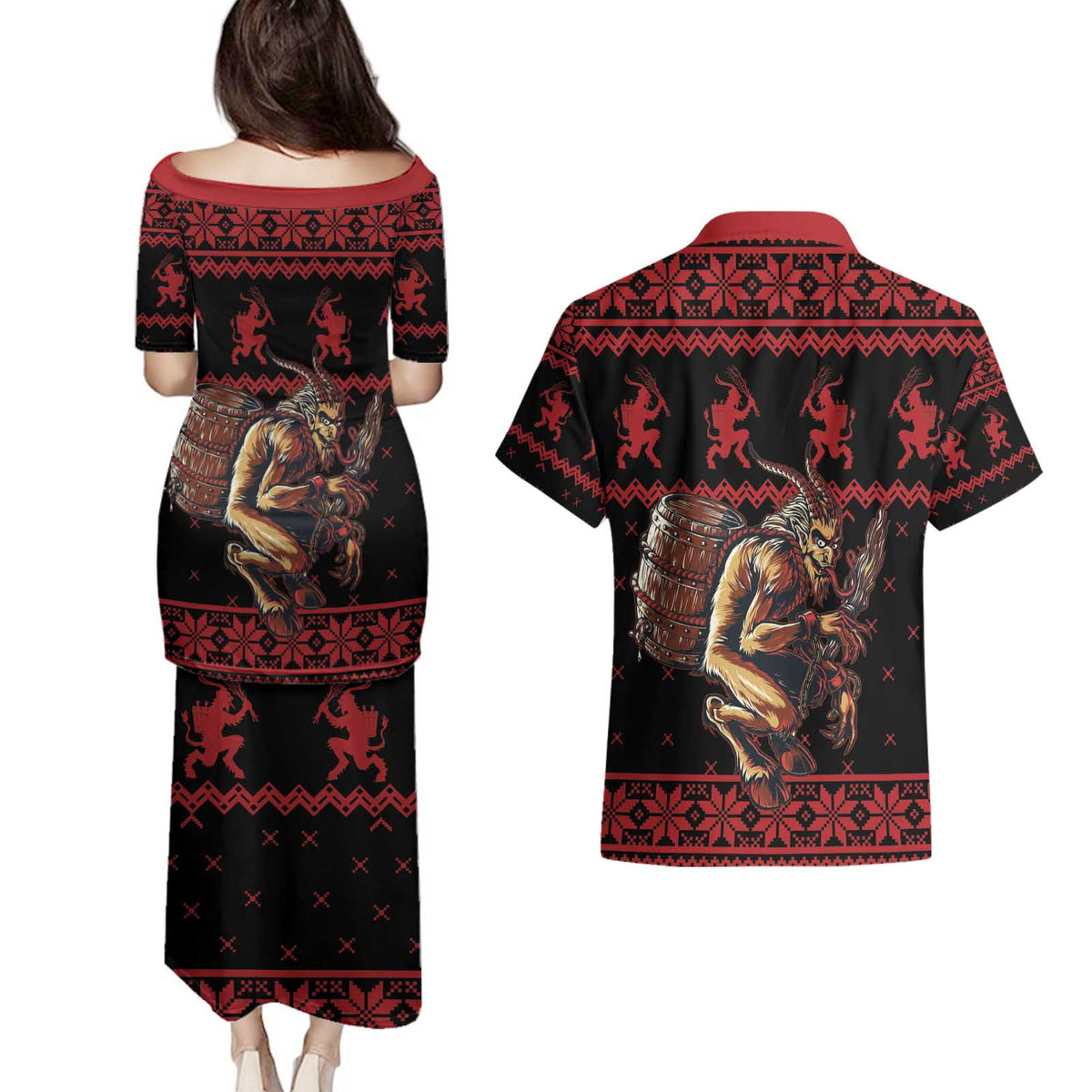 Merry Krampus Creepy Christmas Holiday Couples Matching Puletasi and Hawaiian Shirt Red Version - Wonder Print Shop