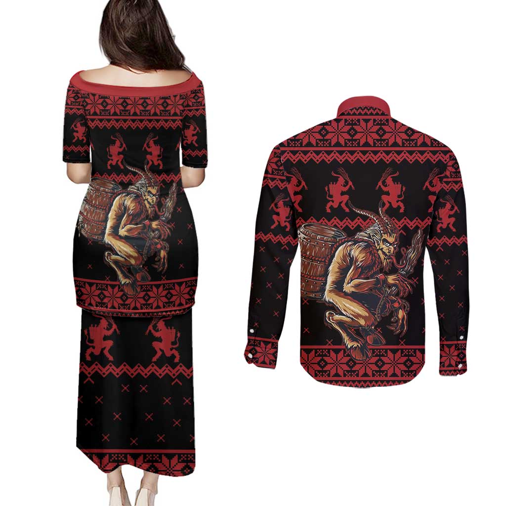 Merry Krampus Creepy Christmas Holiday Couples Matching Puletasi and Long Sleeve Button Shirt Red Version - Wonder Print Shop