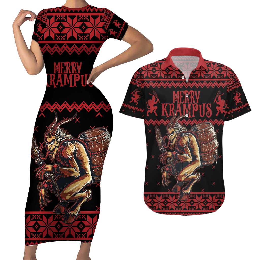 Merry Krampus Creepy Christmas Holiday Couples Matching Short Sleeve Bodycon Dress and Hawaiian Shirt Red Version - Wonder Print Shop