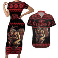 Merry Krampus Creepy Christmas Holiday Couples Matching Short Sleeve Bodycon Dress and Hawaiian Shirt Red Version - Wonder Print Shop