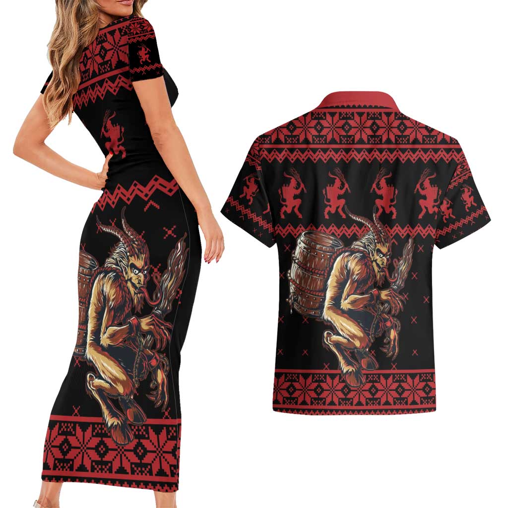 Merry Krampus Creepy Christmas Holiday Couples Matching Short Sleeve Bodycon Dress and Hawaiian Shirt Red Version - Wonder Print Shop