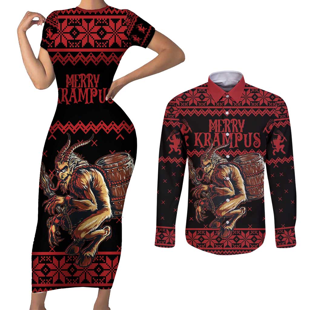 Merry Krampus Creepy Christmas Holiday Couples Matching Short Sleeve Bodycon Dress and Long Sleeve Button Shirt Red Version - Wonder Print Shop