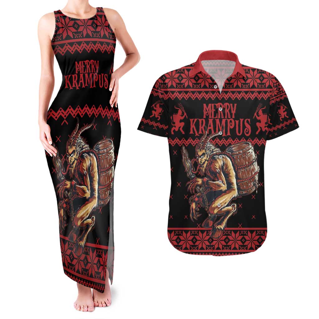 Merry Krampus Creepy Christmas Holiday Couples Matching Tank Maxi Dress and Hawaiian Shirt Red Version - Wonder Print Shop