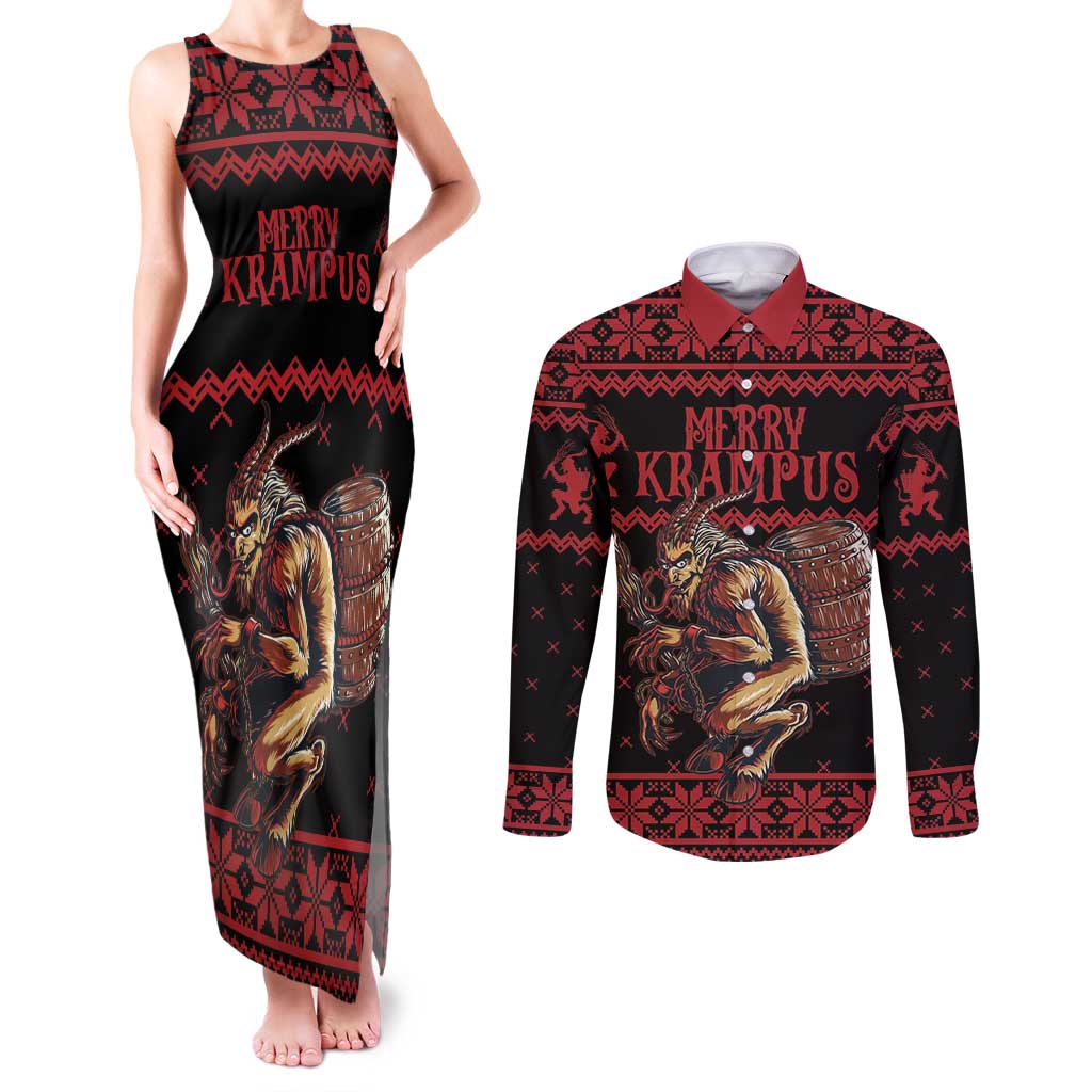 Merry Krampus Creepy Christmas Holiday Couples Matching Tank Maxi Dress and Long Sleeve Button Shirt Red Version - Wonder Print Shop