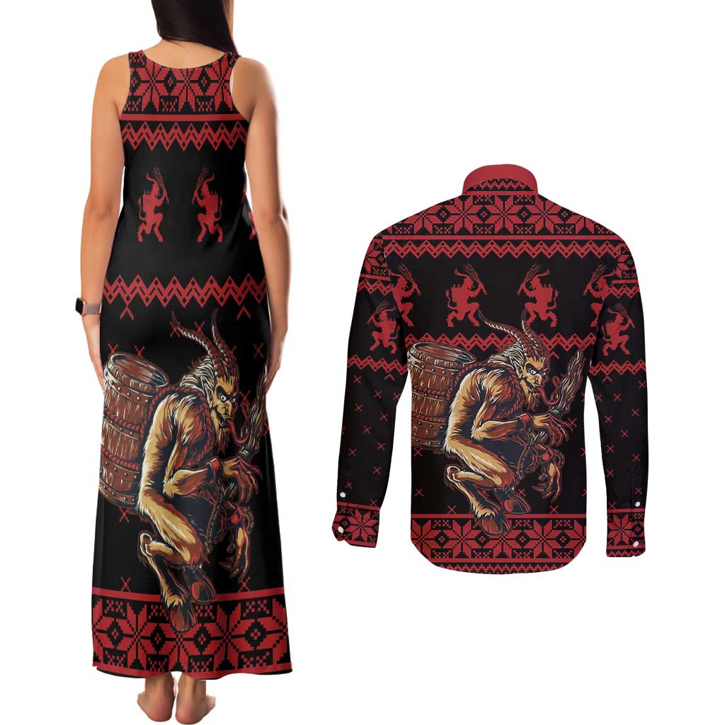 Merry Krampus Creepy Christmas Holiday Couples Matching Tank Maxi Dress and Long Sleeve Button Shirt Red Version - Wonder Print Shop