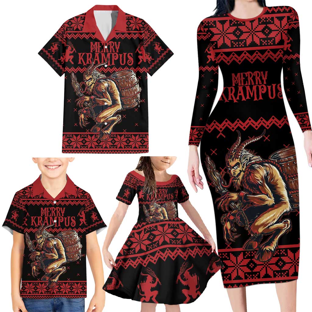 Merry Krampus Creepy Christmas Holiday Family Matching Long Sleeve Bodycon Dress and Hawaiian Shirt Red Version - Wonder Print Shop