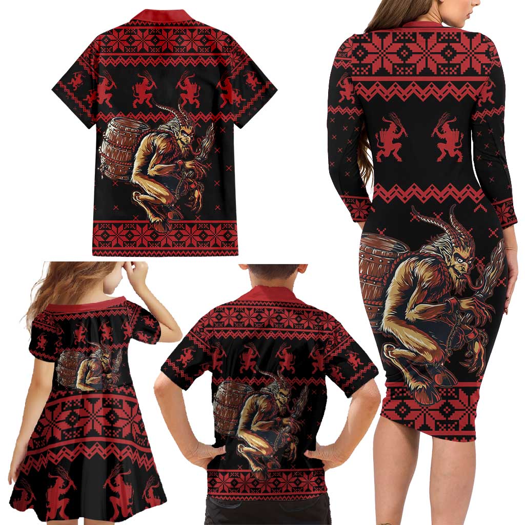 Merry Krampus Creepy Christmas Holiday Family Matching Long Sleeve Bodycon Dress and Hawaiian Shirt Red Version - Wonder Print Shop