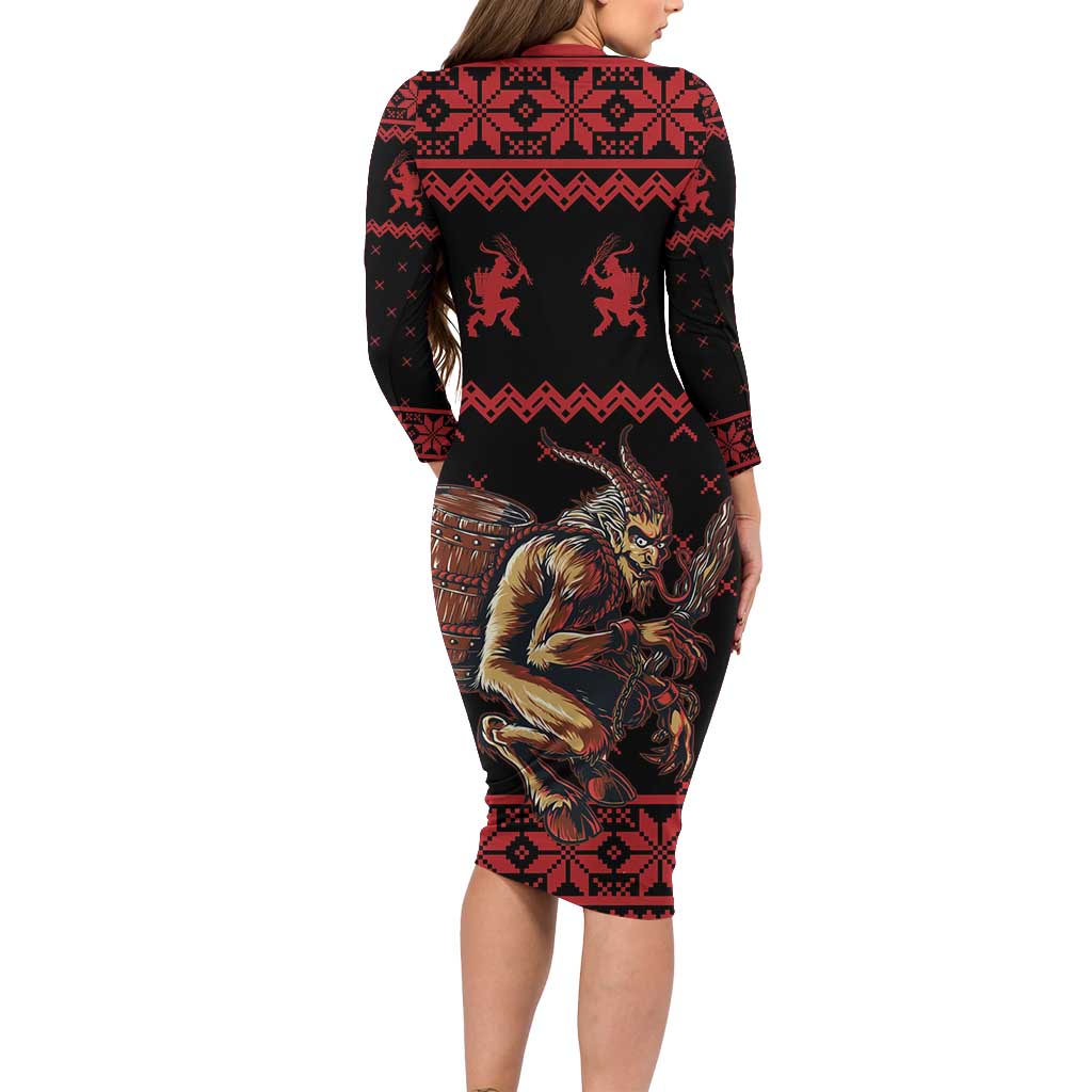 Merry Krampus Creepy Christmas Holiday Family Matching Long Sleeve Bodycon Dress and Hawaiian Shirt Red Version - Wonder Print Shop