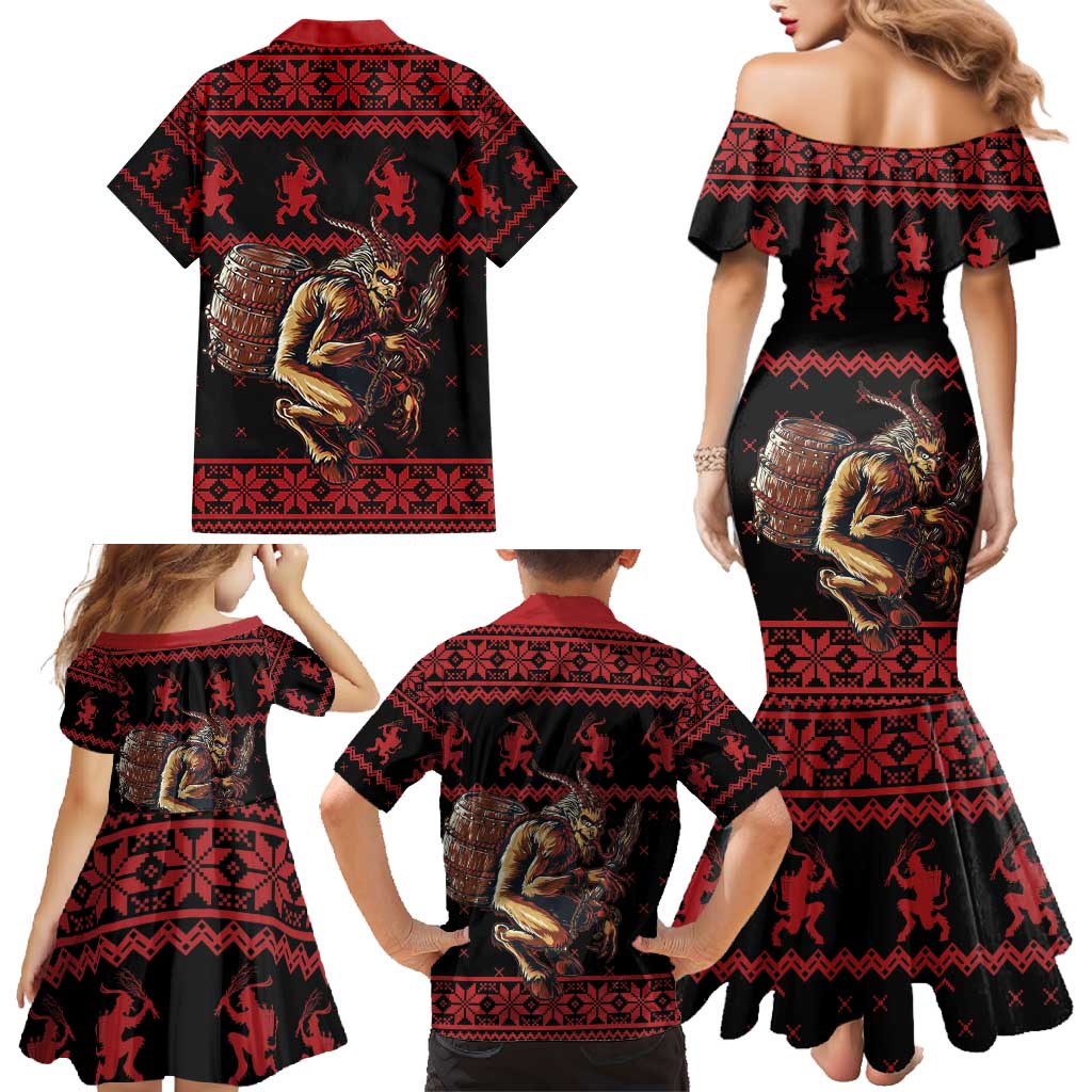 Merry Krampus Creepy Christmas Holiday Family Matching Mermaid Dress and Hawaiian Shirt Red Version - Wonder Print Shop