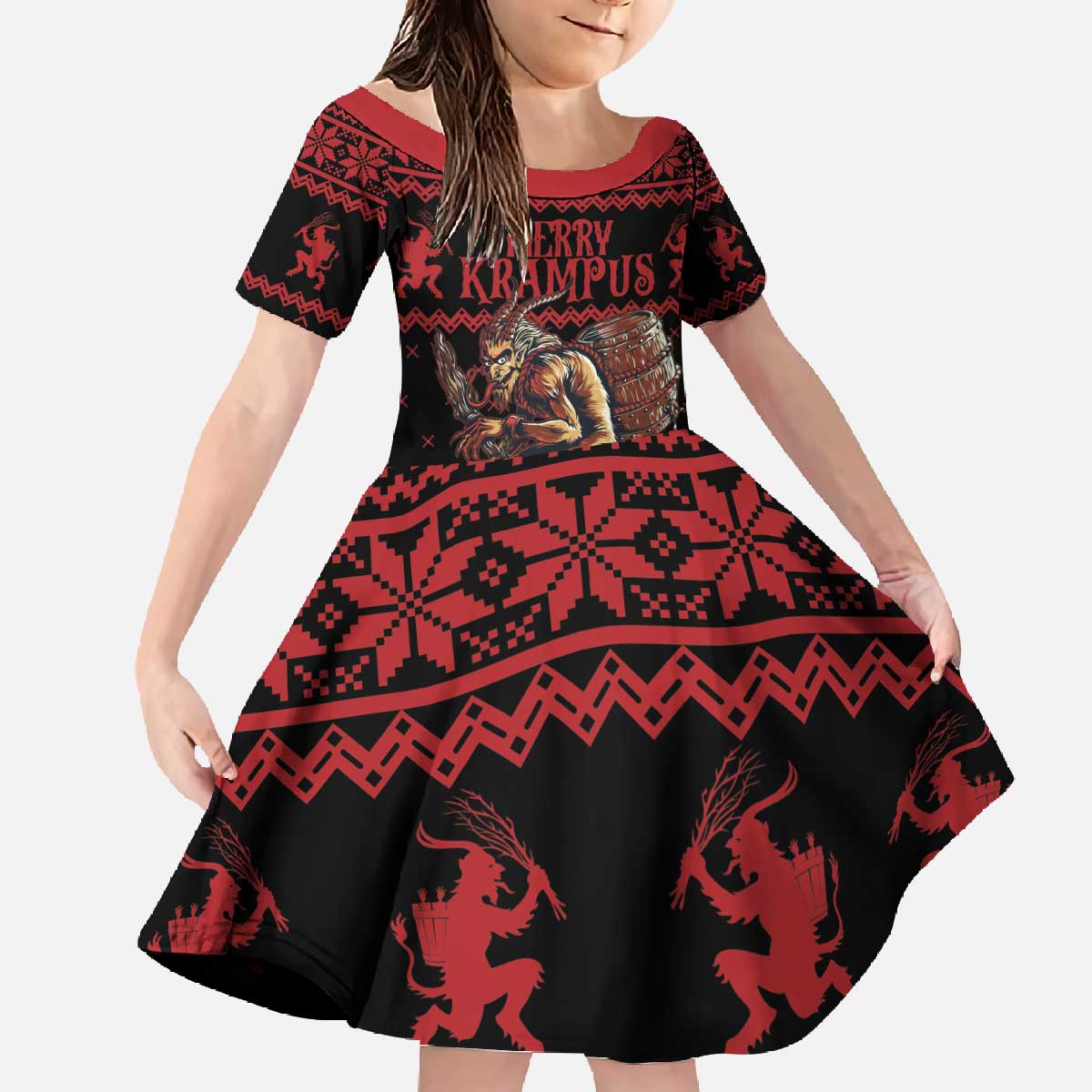 Merry Krampus Creepy Christmas Holiday Family Matching Off The Shoulder Long Sleeve Dress and Hawaiian Shirt Red Version - Wonder Print Shop