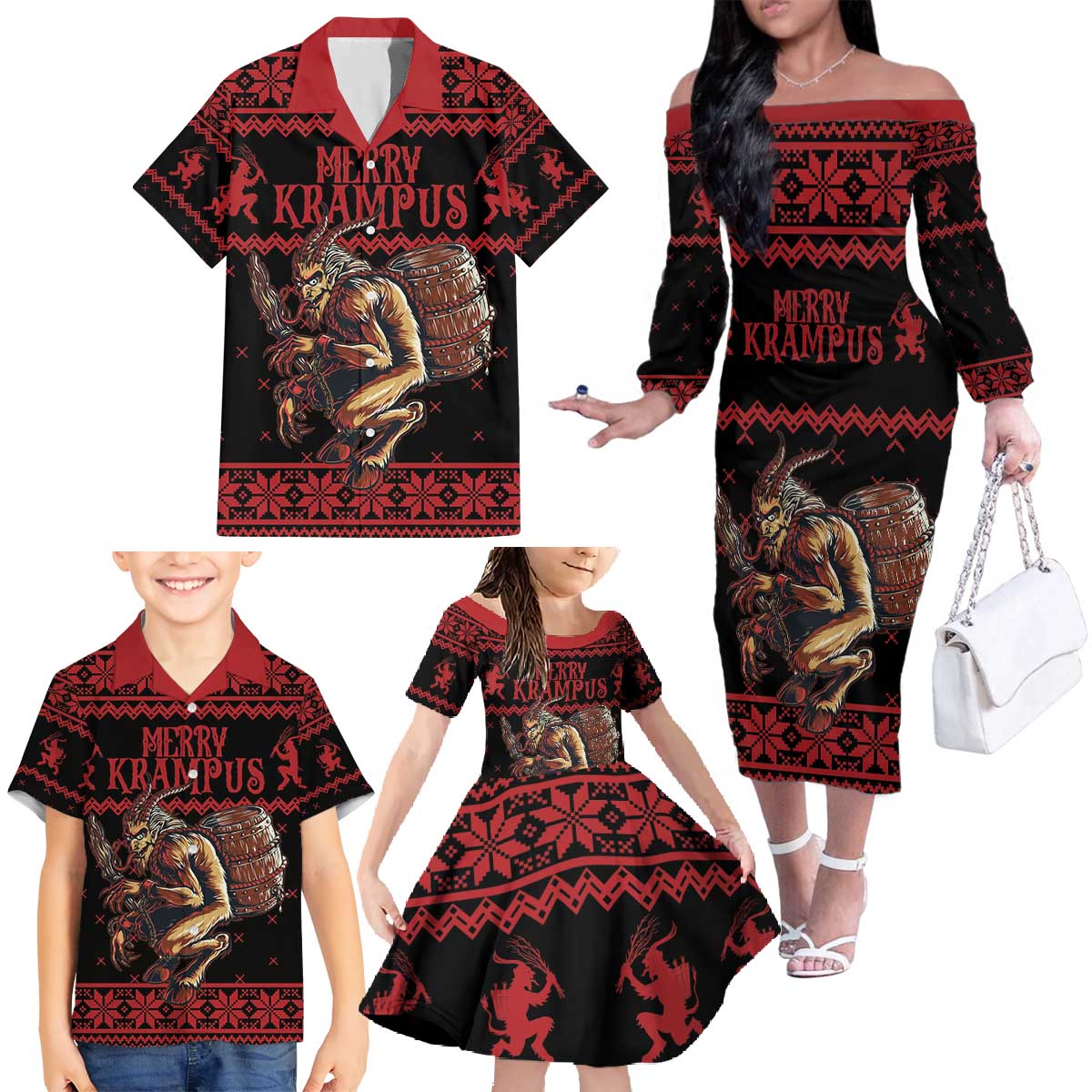 Merry Krampus Creepy Christmas Holiday Family Matching Off The Shoulder Long Sleeve Dress and Hawaiian Shirt Red Version - Wonder Print Shop