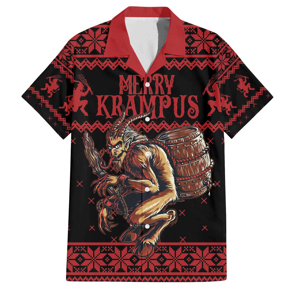 Merry Krampus Creepy Christmas Holiday Family Matching Off The Shoulder Long Sleeve Dress and Hawaiian Shirt Red Version - Wonder Print Shop