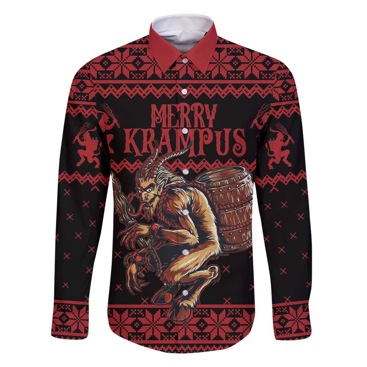 Merry Krampus Creepy Christmas Holiday Family Matching Off The Shoulder Long Sleeve Dress and Hawaiian Shirt Red Version - Wonder Print Shop
