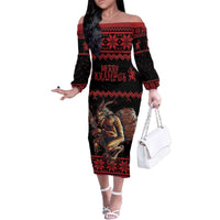 Merry Krampus Creepy Christmas Holiday Family Matching Off The Shoulder Long Sleeve Dress and Hawaiian Shirt Red Version - Wonder Print Shop