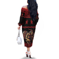 Merry Krampus Creepy Christmas Holiday Family Matching Off The Shoulder Long Sleeve Dress and Hawaiian Shirt Red Version - Wonder Print Shop
