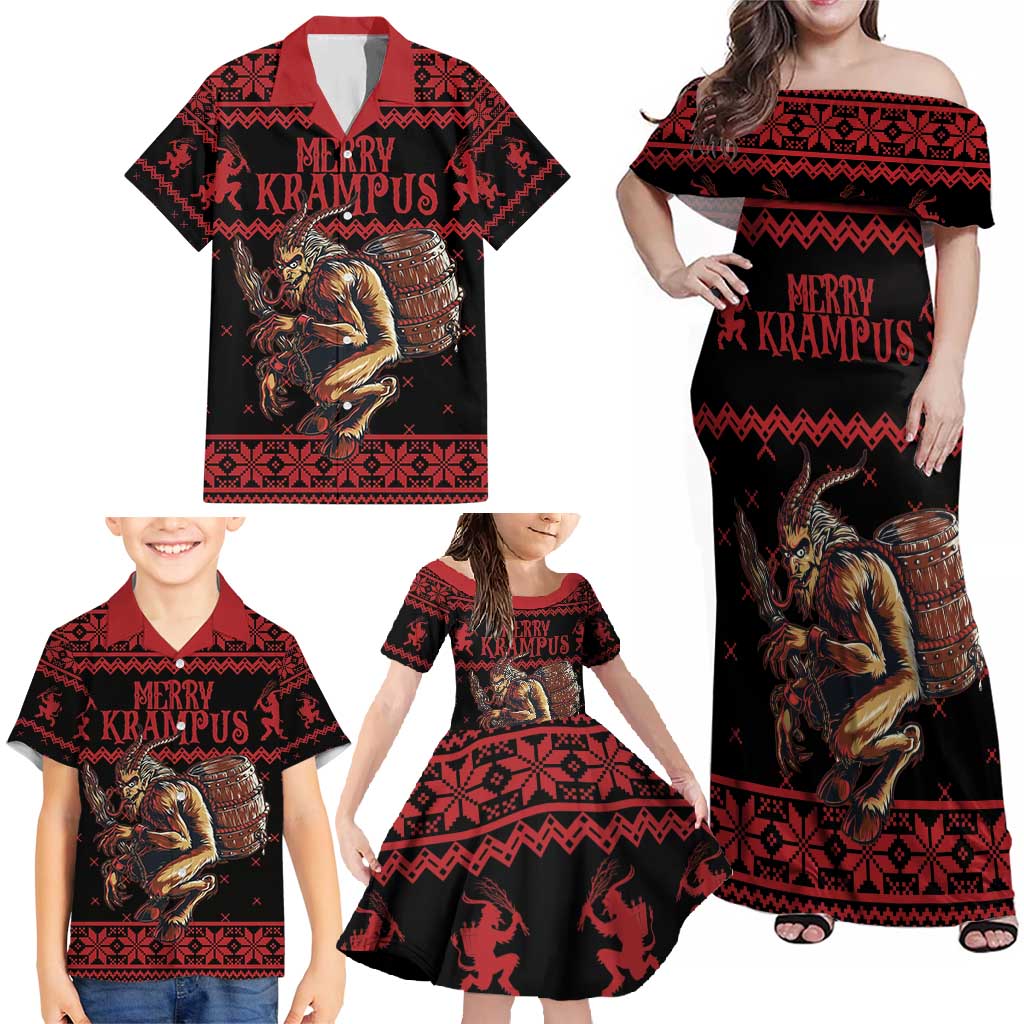 Merry Krampus Creepy Christmas Holiday Family Matching Off Shoulder Maxi Dress and Hawaiian Shirt Red Version - Wonder Print Shop