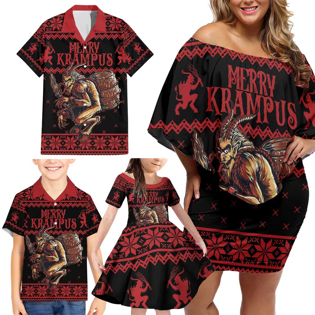 Merry Krampus Creepy Christmas Holiday Family Matching Off Shoulder Short Dress and Hawaiian Shirt Red Version - Wonder Print Shop