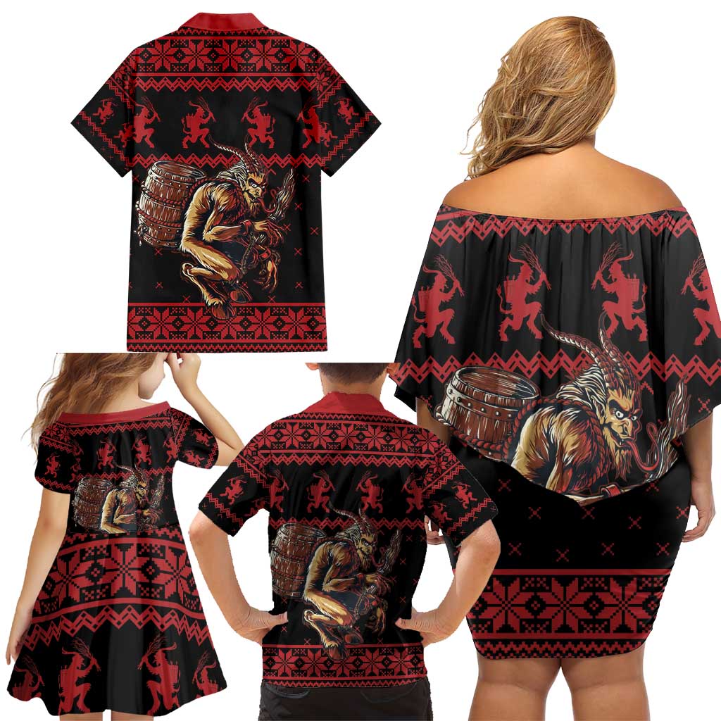 Merry Krampus Creepy Christmas Holiday Family Matching Off Shoulder Short Dress and Hawaiian Shirt Red Version - Wonder Print Shop