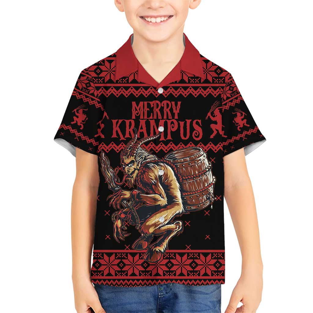 Merry Krampus Creepy Christmas Holiday Family Matching Off Shoulder Short Dress and Hawaiian Shirt Red Version - Wonder Print Shop
