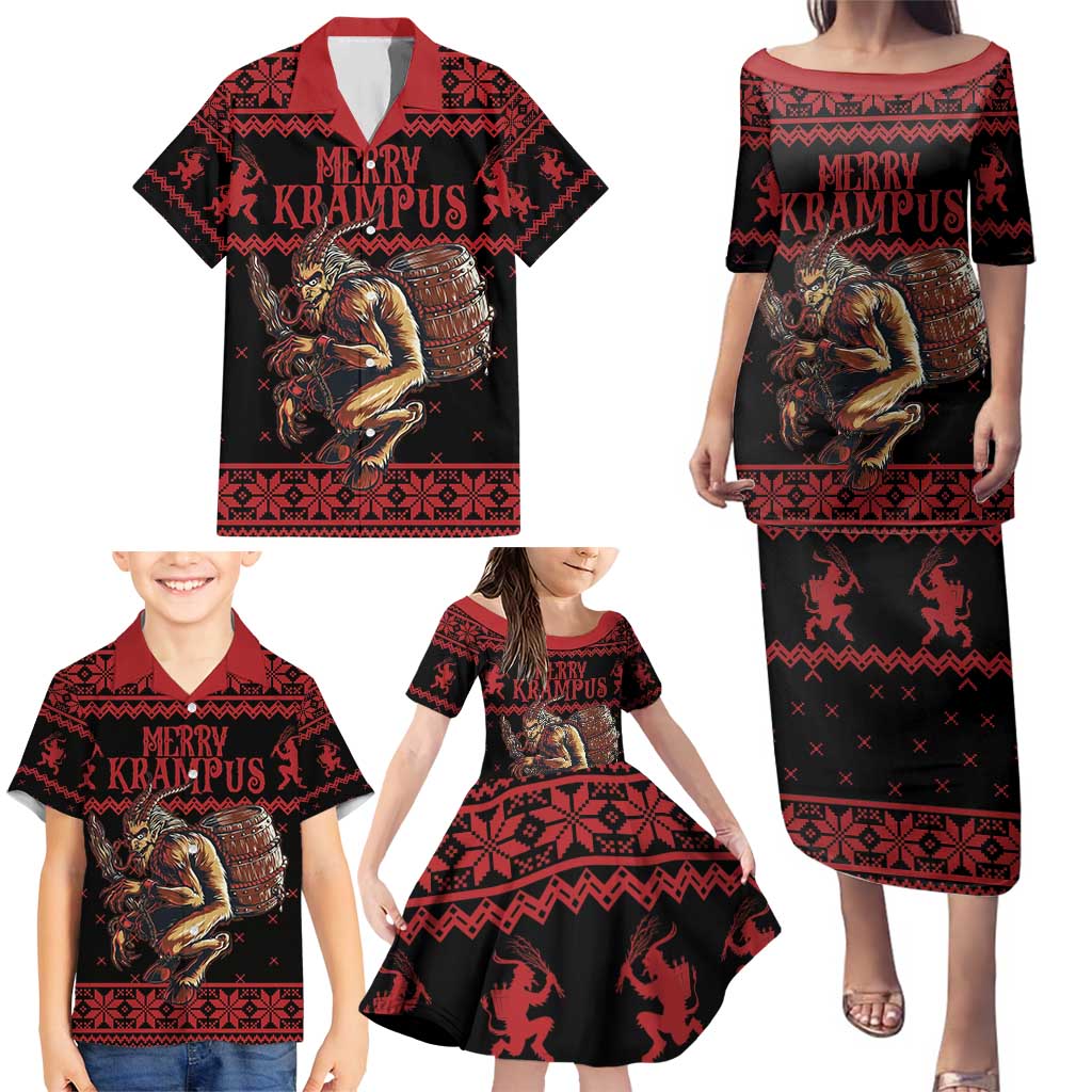 Merry Krampus Creepy Christmas Holiday Family Matching Puletasi and Hawaiian Shirt Red Version - Wonder Print Shop