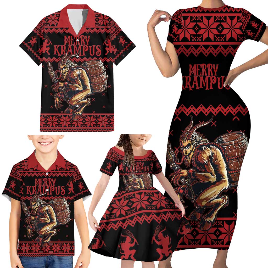 Merry Krampus Creepy Christmas Holiday Family Matching Short Sleeve Bodycon Dress and Hawaiian Shirt Red Version - Wonder Print Shop