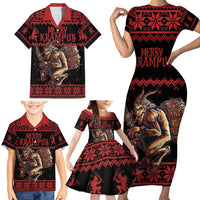 Merry Krampus Creepy Christmas Holiday Family Matching Short Sleeve Bodycon Dress and Hawaiian Shirt Red Version - Wonder Print Shop