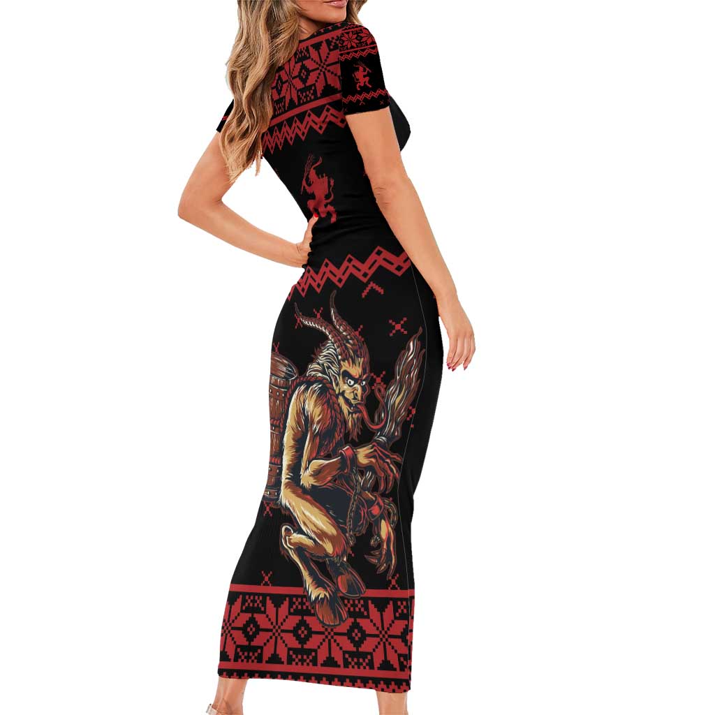 Merry Krampus Creepy Christmas Holiday Family Matching Short Sleeve Bodycon Dress and Hawaiian Shirt Red Version - Wonder Print Shop