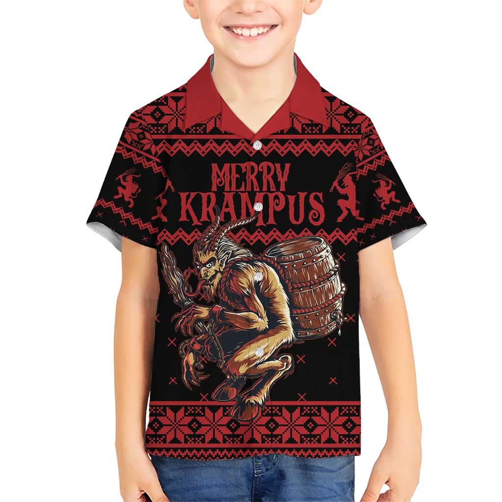 Merry Krampus Creepy Christmas Holiday Family Matching Short Sleeve Bodycon Dress and Hawaiian Shirt Red Version - Wonder Print Shop