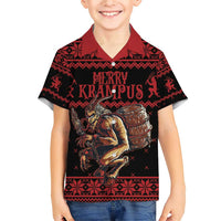 Merry Krampus Creepy Christmas Holiday Family Matching Short Sleeve Bodycon Dress and Hawaiian Shirt Red Version - Wonder Print Shop