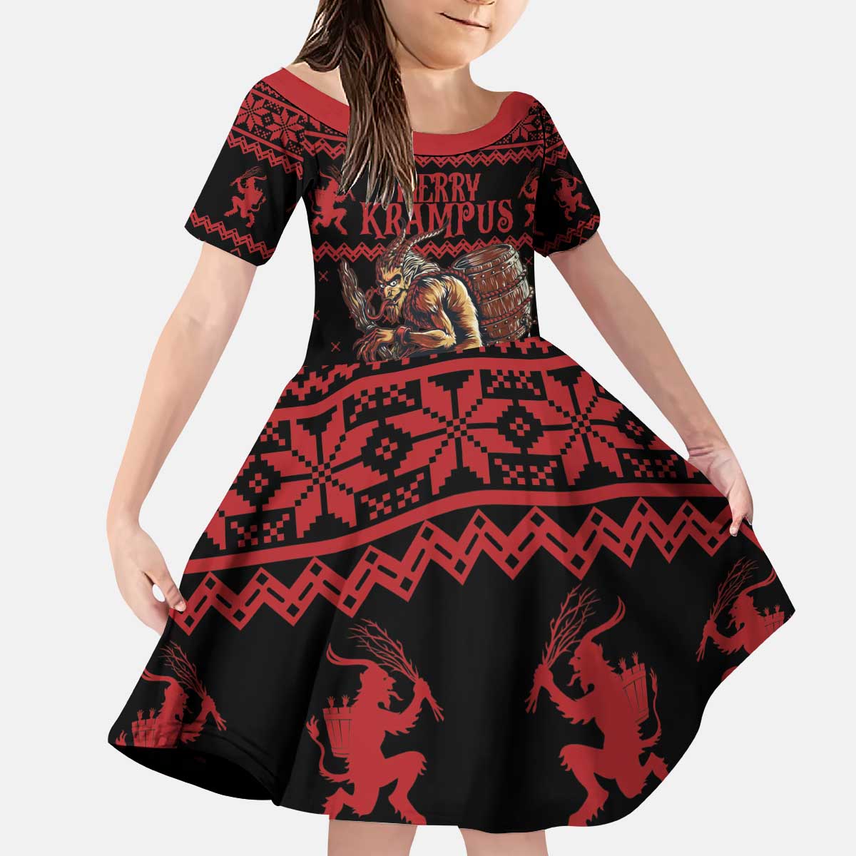 Merry Krampus Creepy Christmas Holiday Kid Short Sleeve Dress Red Version - Wonder Print Shop