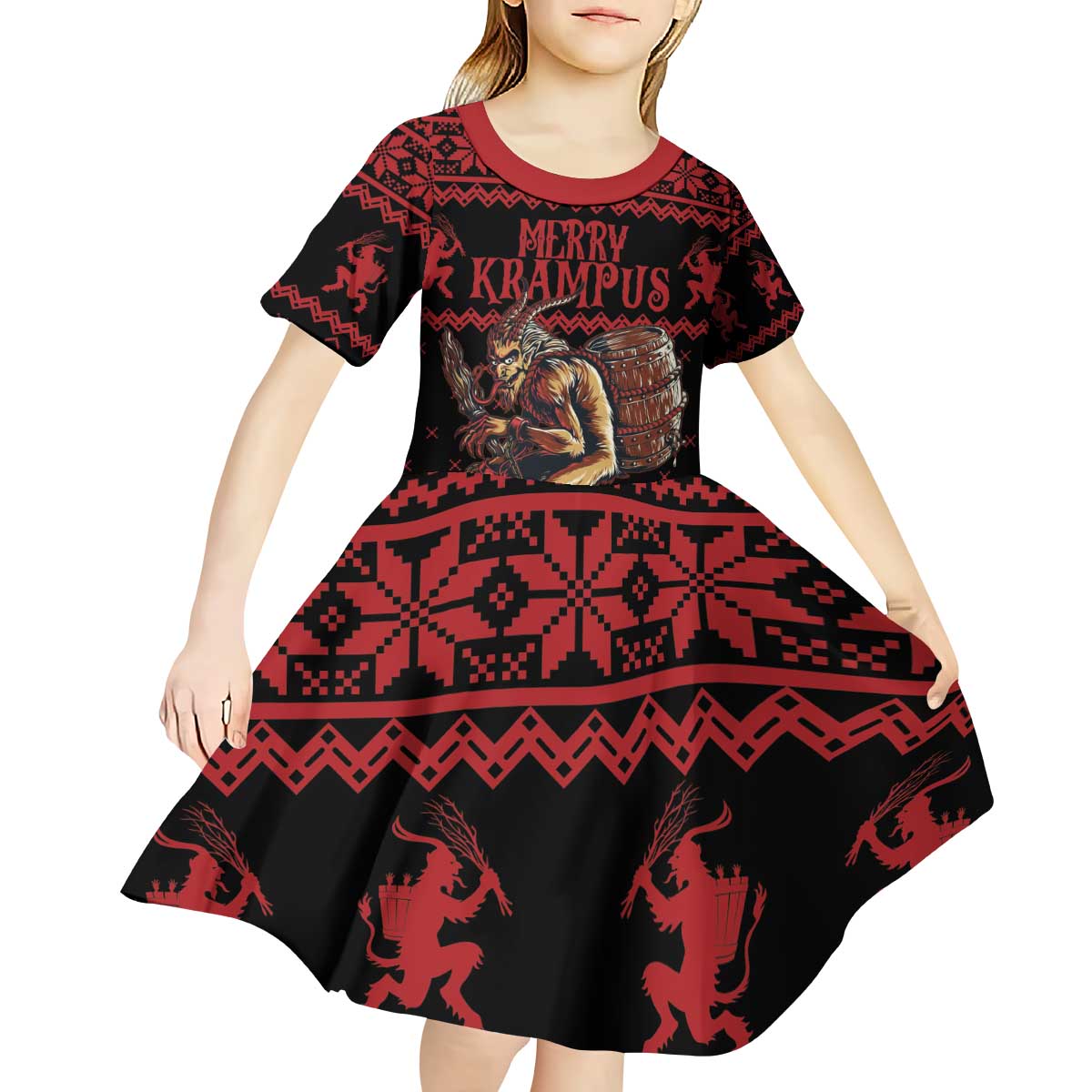 Merry Krampus Creepy Christmas Holiday Kid Short Sleeve Dress Red Version - Wonder Print Shop