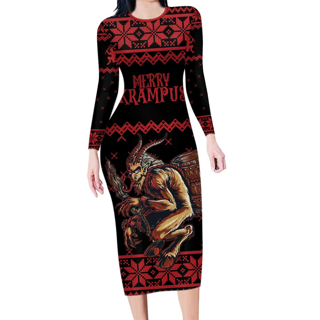 Merry Krampus Creepy Christmas Holiday Long Sleeve Bodycon Dress Red Version - Wonder Print Shop