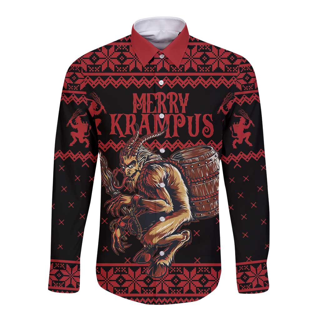 Merry Krampus Creepy Christmas Holiday Long Sleeve Button Shirt Red Version - Wonder Print Shop
