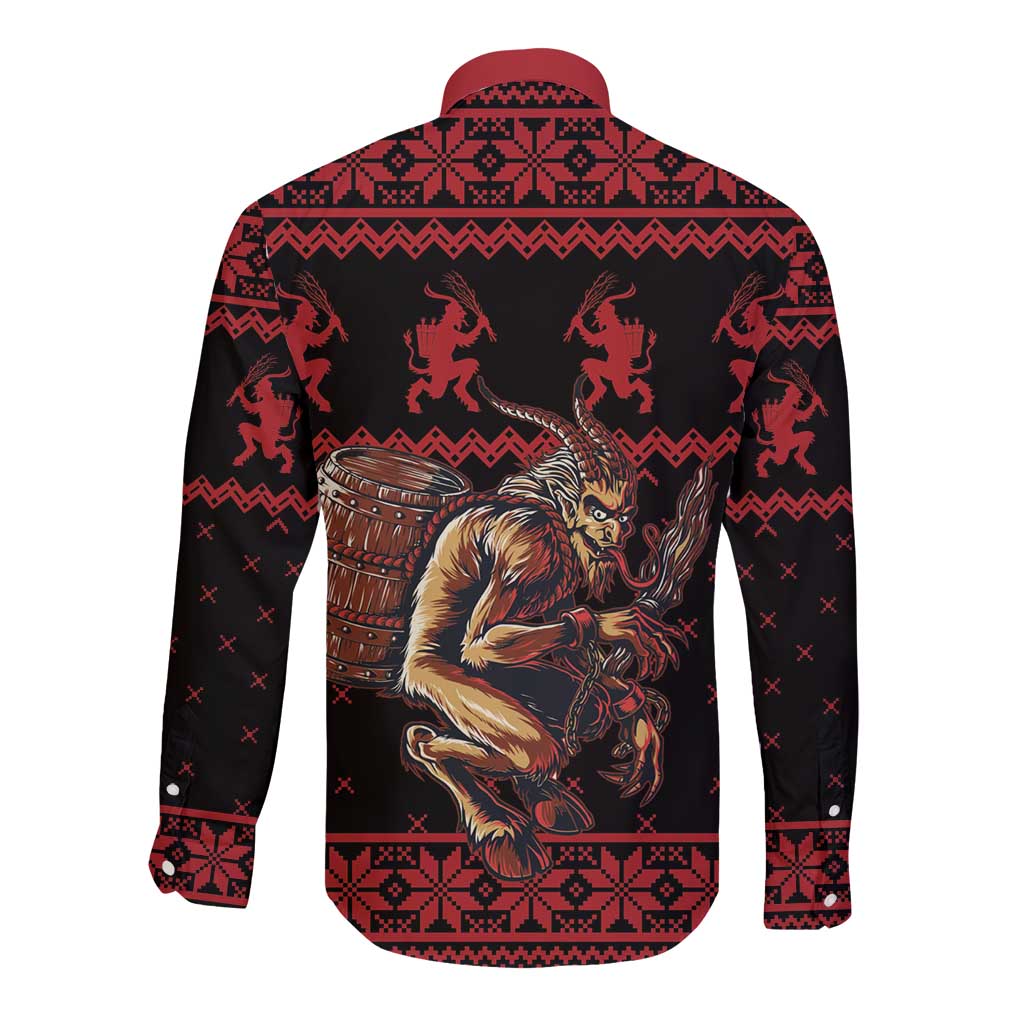 Merry Krampus Creepy Christmas Holiday Long Sleeve Button Shirt Red Version - Wonder Print Shop