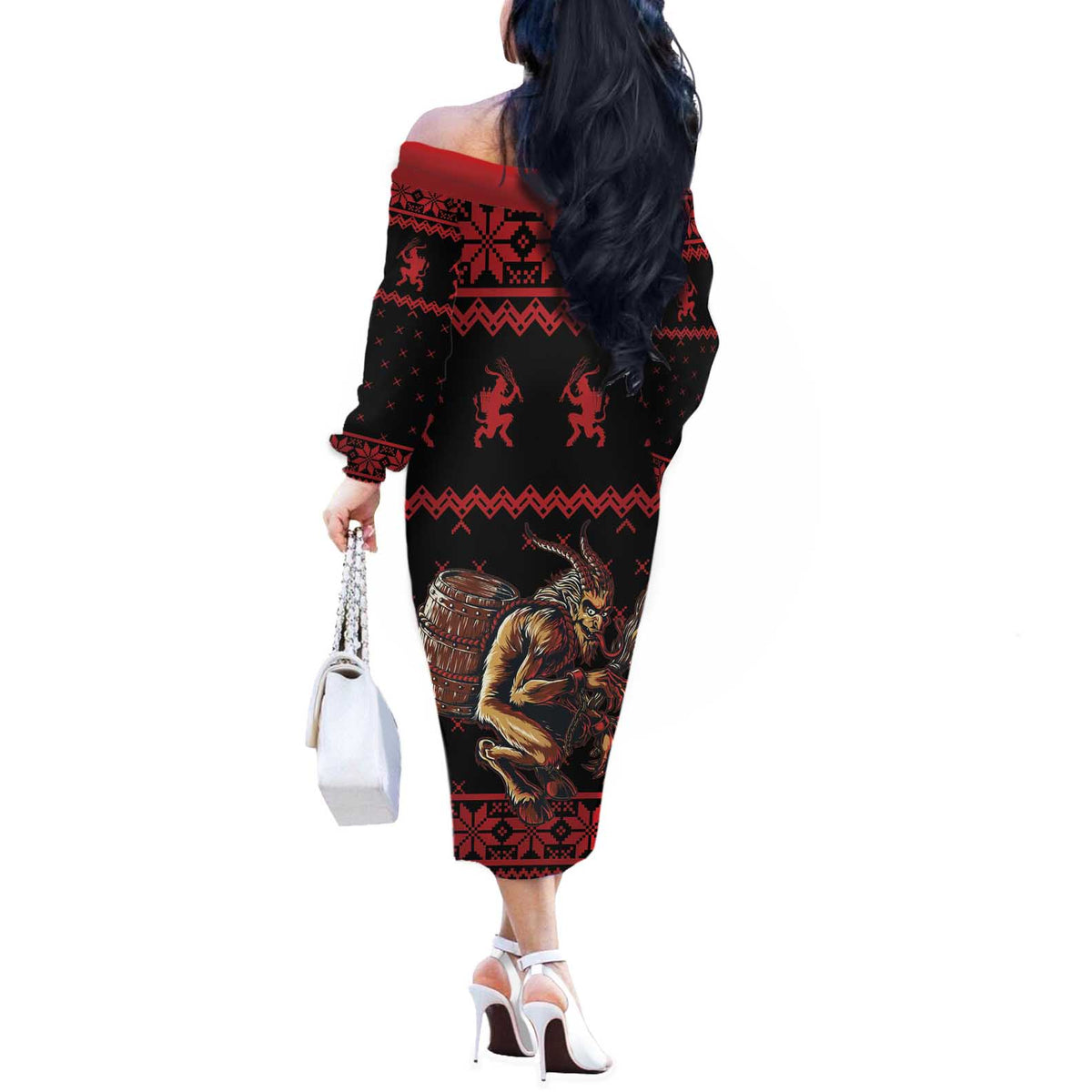 Merry Krampus Creepy Christmas Holiday Off The Shoulder Long Sleeve Dress Red Version - Wonder Print Shop