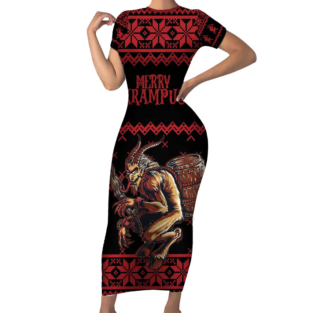 Merry Krampus Creepy Christmas Holiday Short Sleeve Bodycon Dress Red Version - Wonder Print Shop