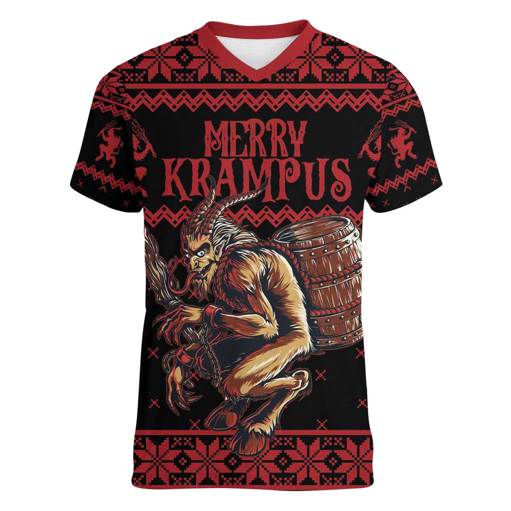 Merry Krampus Creepy Christmas Holiday Women V-Neck T-Shirt Red Version - Wonder Print Shop