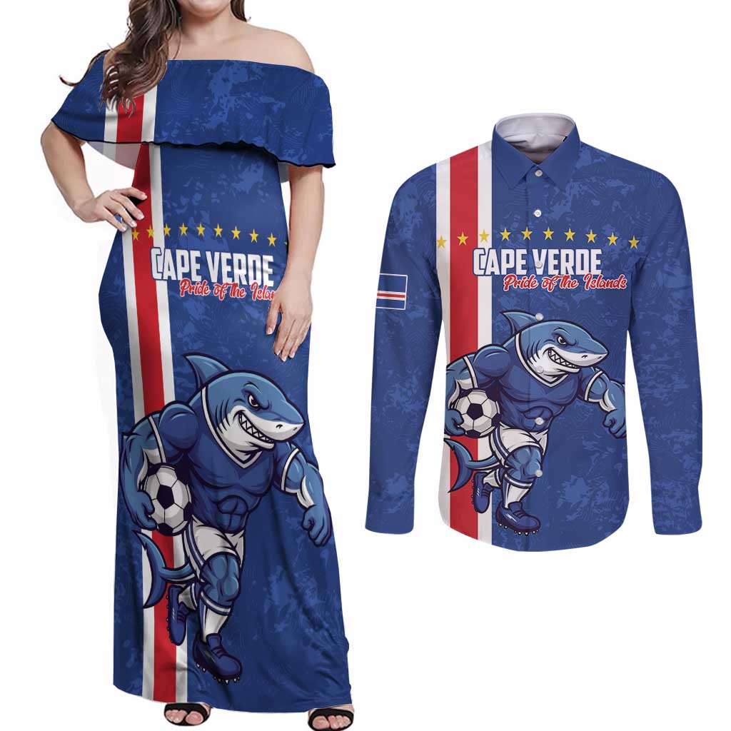 Cape Verde Football Custom Couples Matching Off Shoulder Maxi Dress and Long Sleeve Button Shirt Pride Of The Islands - Wonder Print Shop
