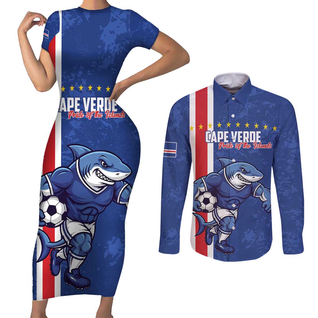 Cape Verde Football Custom Couples Matching Short Sleeve Bodycon Dress and Long Sleeve Button Shirt Pride Of The Islands - Wonder Print Shop