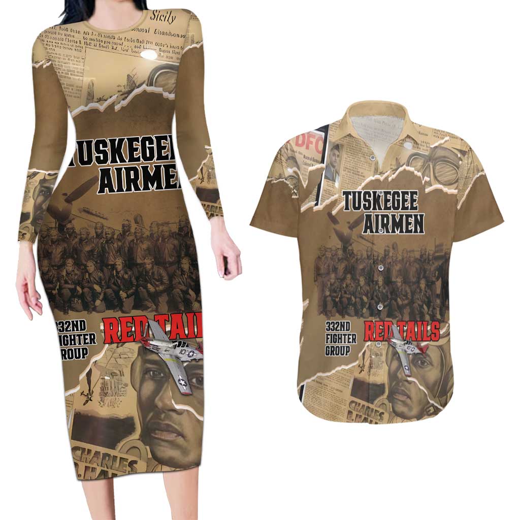 Tuskegee Airmen Tribute Couples Matching Long Sleeve Bodycon Dress and Hawaiian Shirt Black History Air Force - Wonder Print Shop