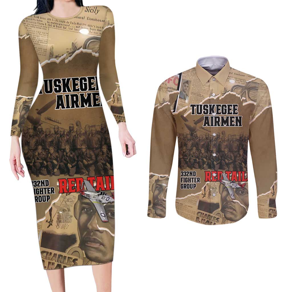 Tuskegee Airmen Tribute Couples Matching Long Sleeve Bodycon Dress and Long Sleeve Button Shirt Black History Air Force - Wonder Print Shop