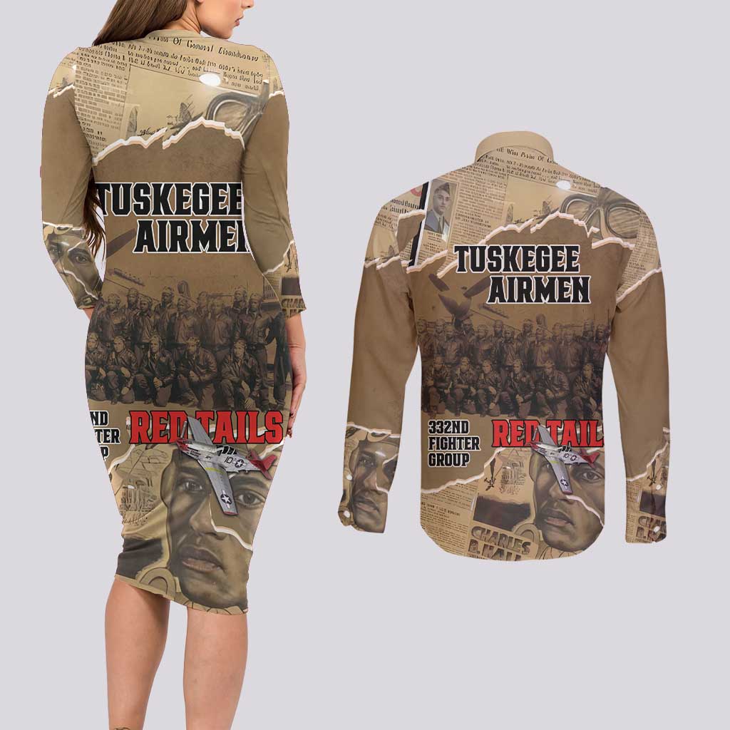 Tuskegee Airmen Tribute Couples Matching Long Sleeve Bodycon Dress and Long Sleeve Button Shirt Black History Air Force - Wonder Print Shop