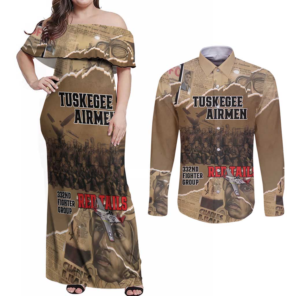 Tuskegee Airmen Tribute Couples Matching Off Shoulder Maxi Dress and Long Sleeve Button Shirt Black History Air Force - Wonder Print Shop
